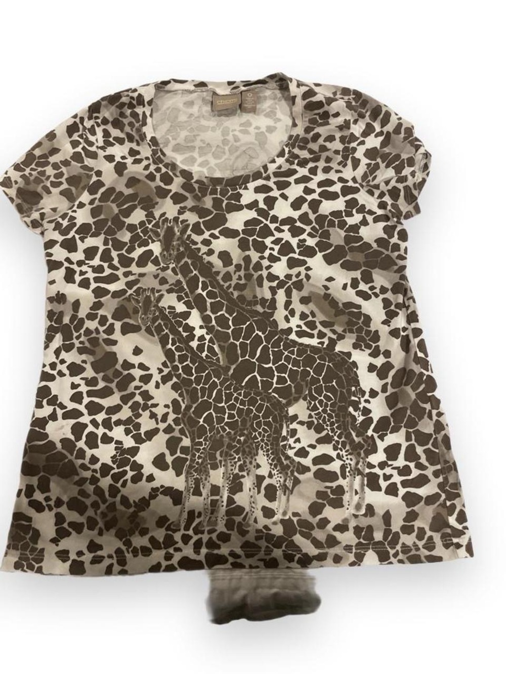 Chico's Cream and Brown Giraffe Print Short Sleeve Tee